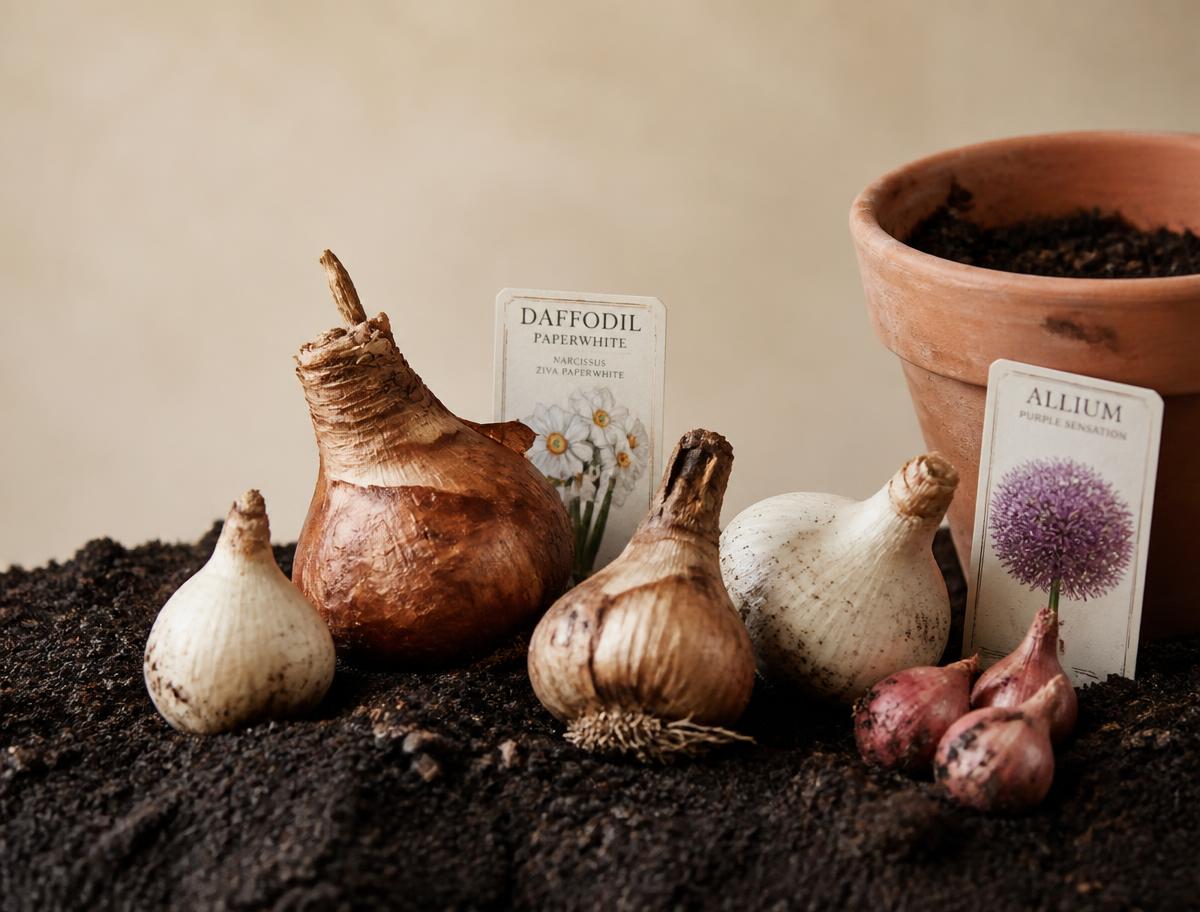 Daffodil and allium bulbs on dark soil beside a terracotta pot