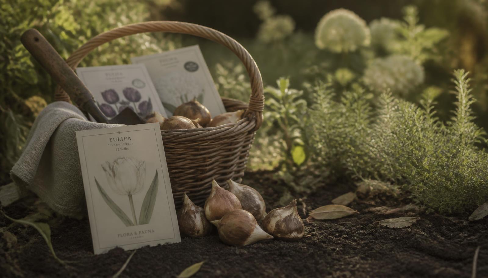Tulip bulbs, seed packets and a wicker trug on damp autumn soil