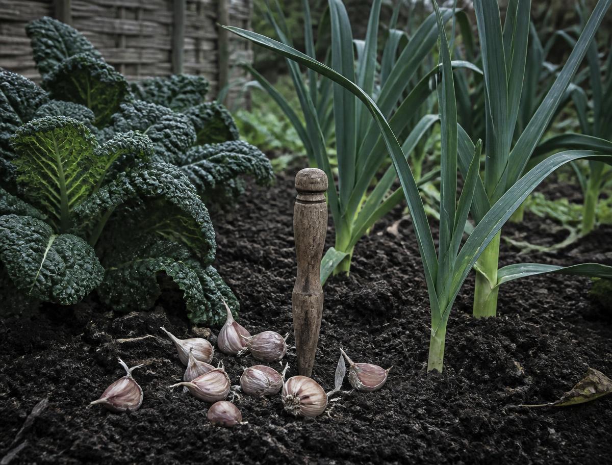 Kale, leeks and garlic cloves in a British kitchen garden bed